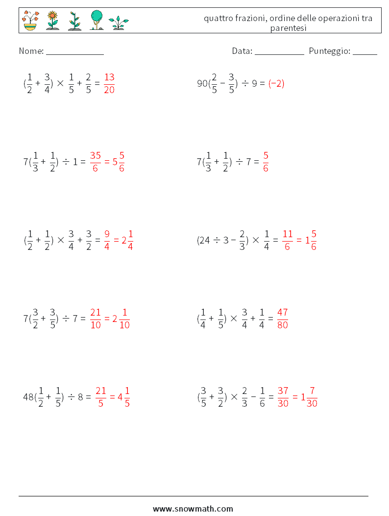 (10) quattro frazioni, ordine delle operazioni tra parentesi Fogli di lavoro di matematica 14 Domanda, Risposta