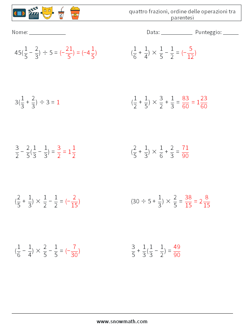 (10) quattro frazioni, ordine delle operazioni tra parentesi Fogli di lavoro di matematica 15 Domanda, Risposta