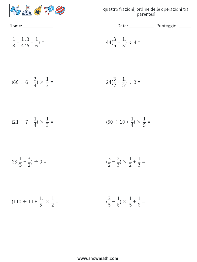 (10) quattro frazioni, ordine delle operazioni tra parentesi Fogli di lavoro di matematica 17