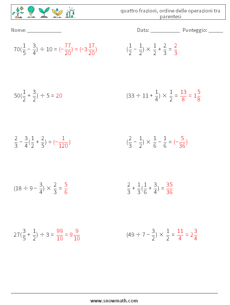 (10) quattro frazioni, ordine delle operazioni tra parentesi Fogli di lavoro di matematica 1 Domanda, Risposta
