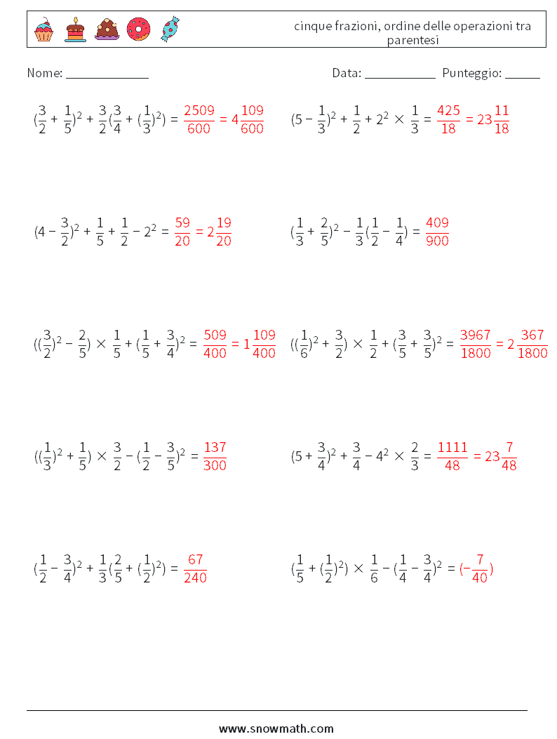 (10) cinque frazioni, ordine delle operazioni tra parentesi Fogli di lavoro di matematica 10 Domanda, Risposta