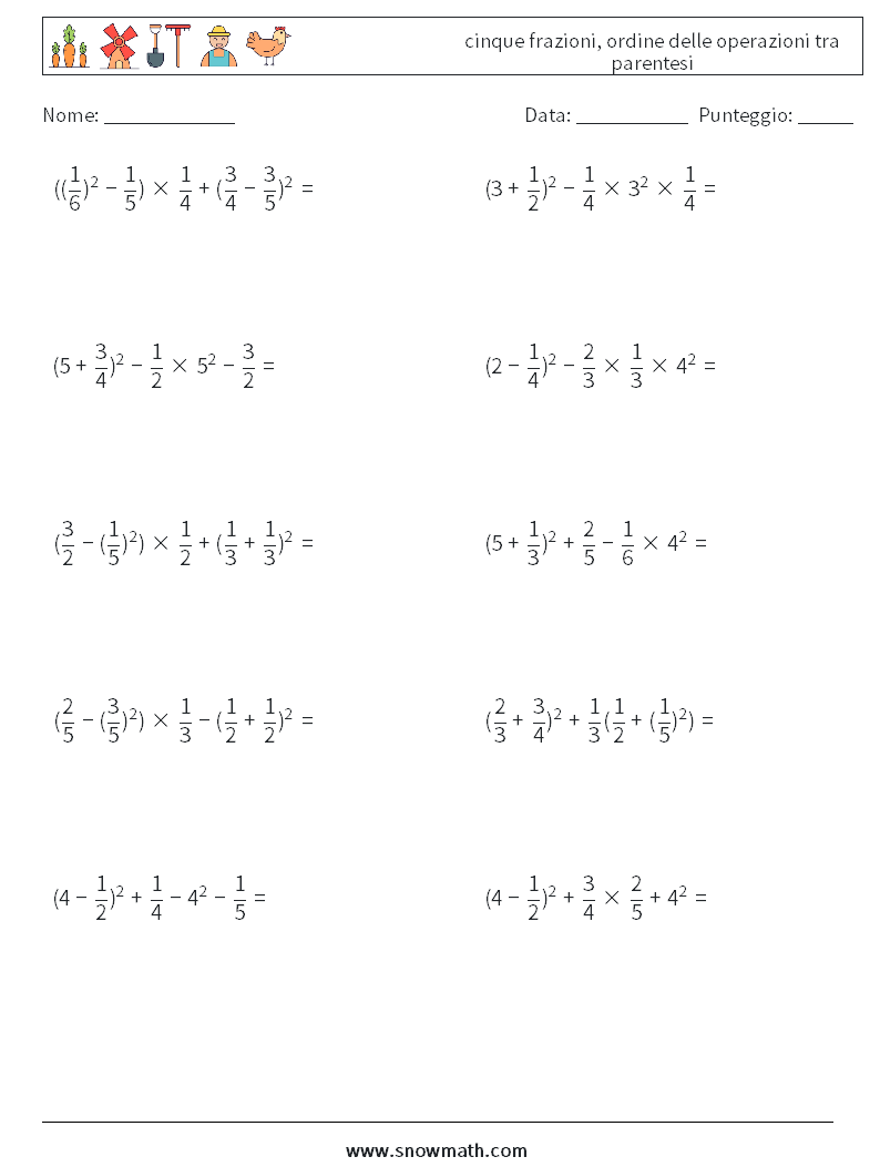 (10) cinque frazioni, ordine delle operazioni tra parentesi Fogli di lavoro di matematica 13