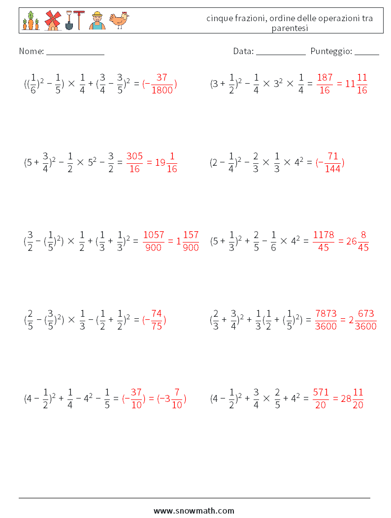 (10) cinque frazioni, ordine delle operazioni tra parentesi Fogli di lavoro di matematica 13 Domanda, Risposta