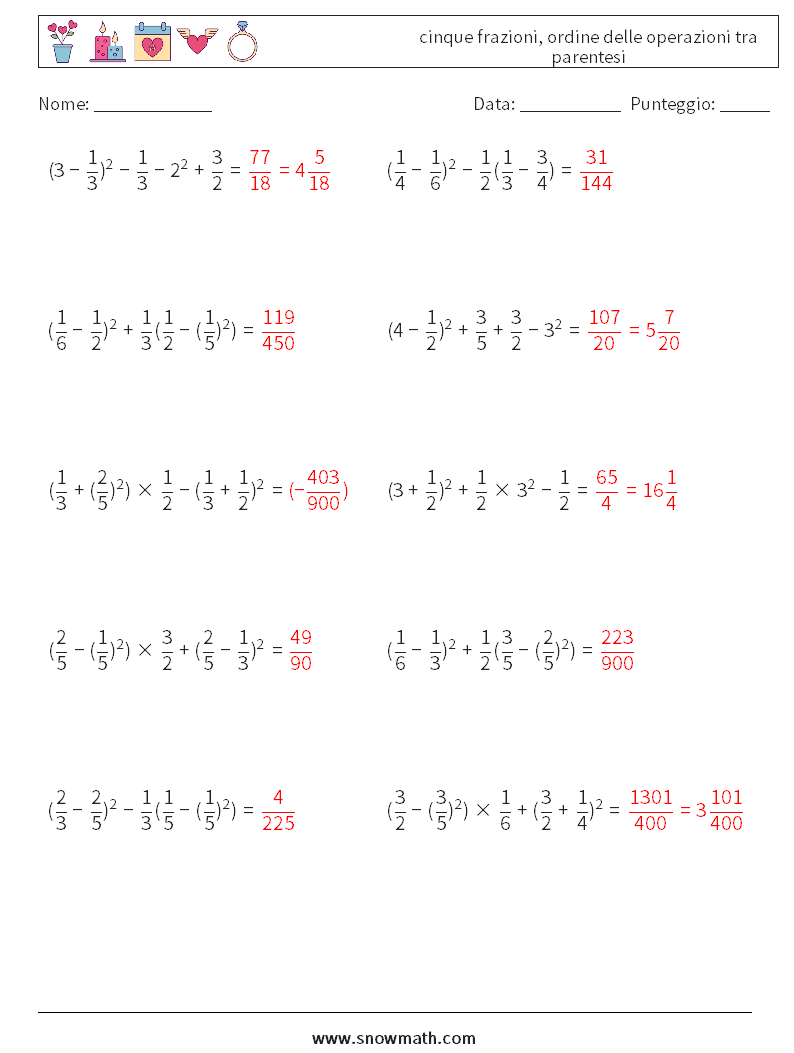 (10) cinque frazioni, ordine delle operazioni tra parentesi Fogli di lavoro di matematica 15 Domanda, Risposta