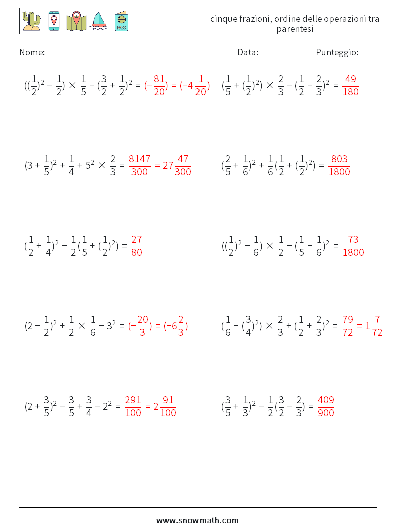 (10) cinque frazioni, ordine delle operazioni tra parentesi Fogli di lavoro di matematica 16 Domanda, Risposta
