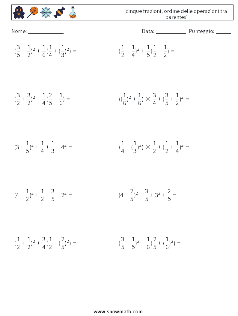 (10) cinque frazioni, ordine delle operazioni tra parentesi Fogli di lavoro di matematica 18
