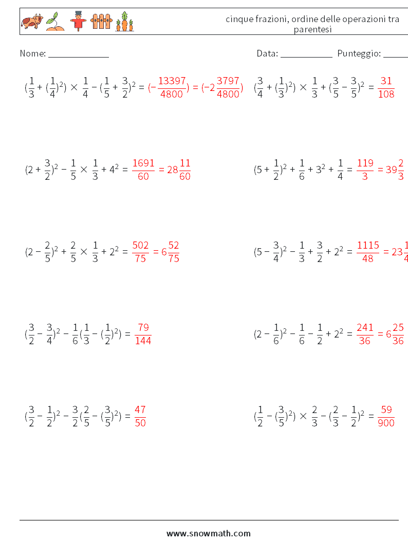 (10) cinque frazioni, ordine delle operazioni tra parentesi Fogli di lavoro di matematica 1 Domanda, Risposta