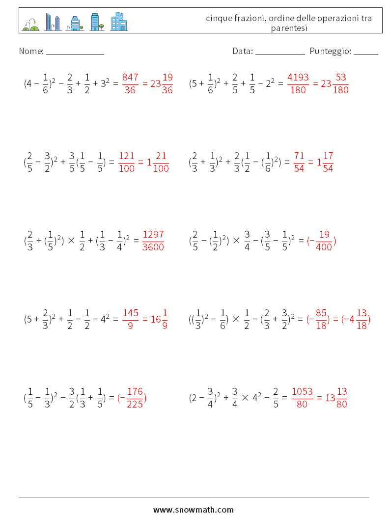 (10) cinque frazioni, ordine delle operazioni tra parentesi Fogli di lavoro di matematica 2 Domanda, Risposta