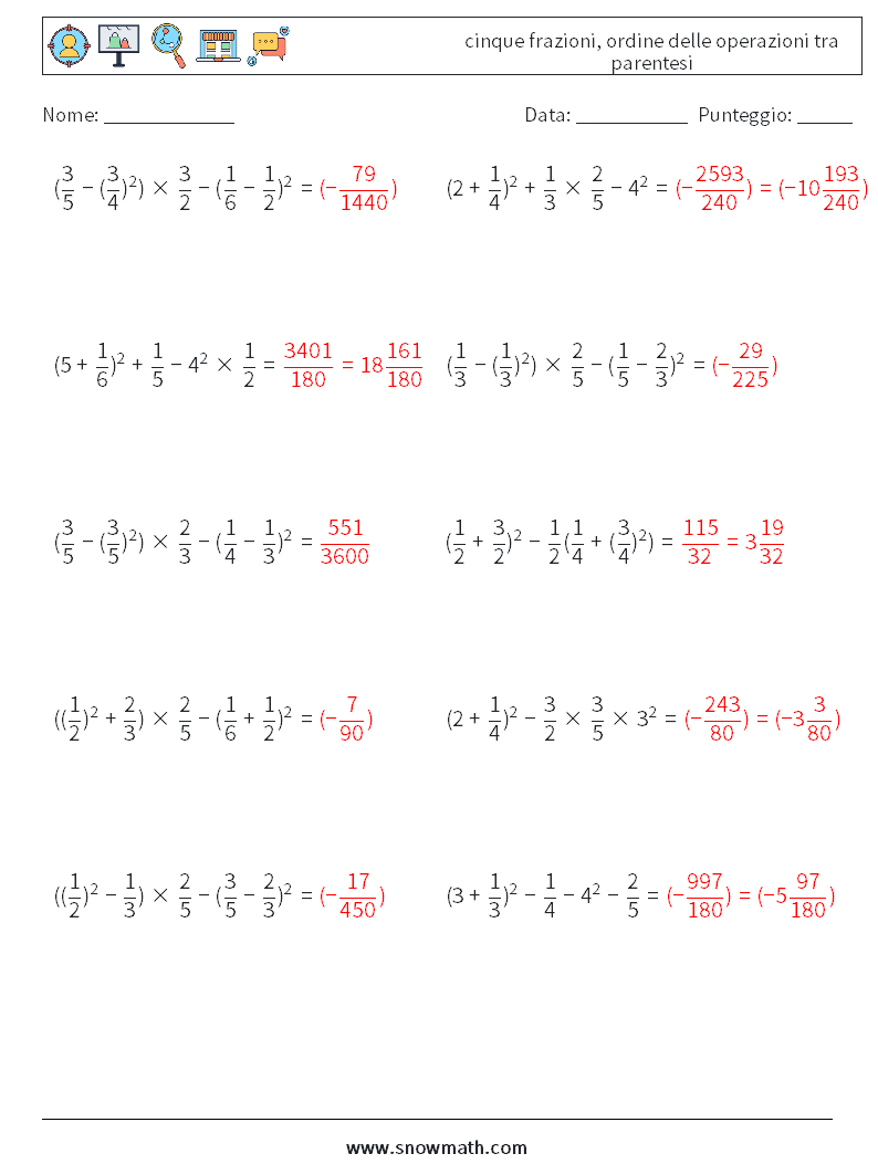 (10) cinque frazioni, ordine delle operazioni tra parentesi Fogli di lavoro di matematica 3 Domanda, Risposta