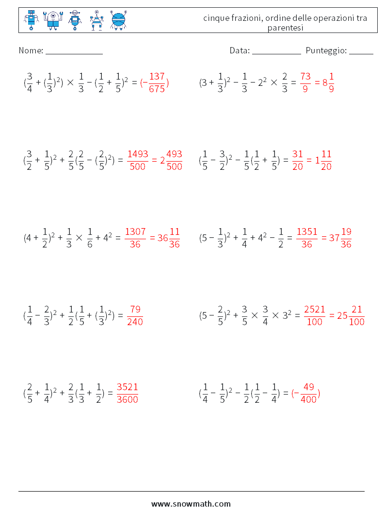 (10) cinque frazioni, ordine delle operazioni tra parentesi Fogli di lavoro di matematica 7 Domanda, Risposta