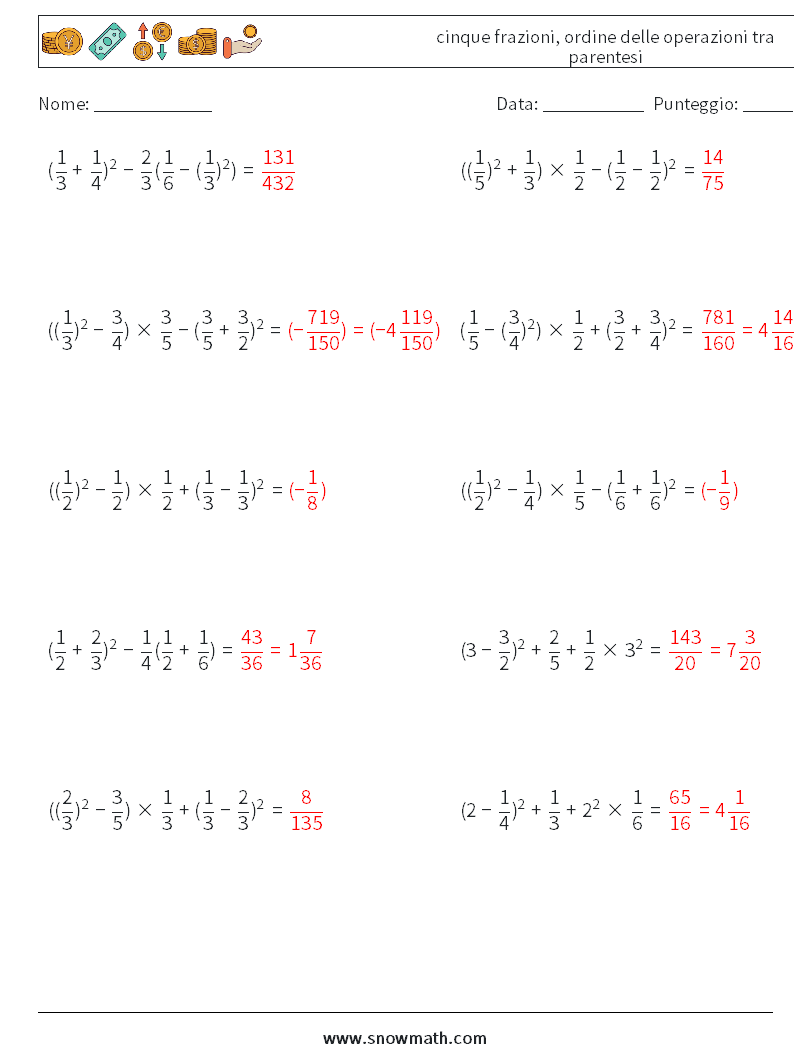 (10) cinque frazioni, ordine delle operazioni tra parentesi Fogli di lavoro di matematica 8 Domanda, Risposta