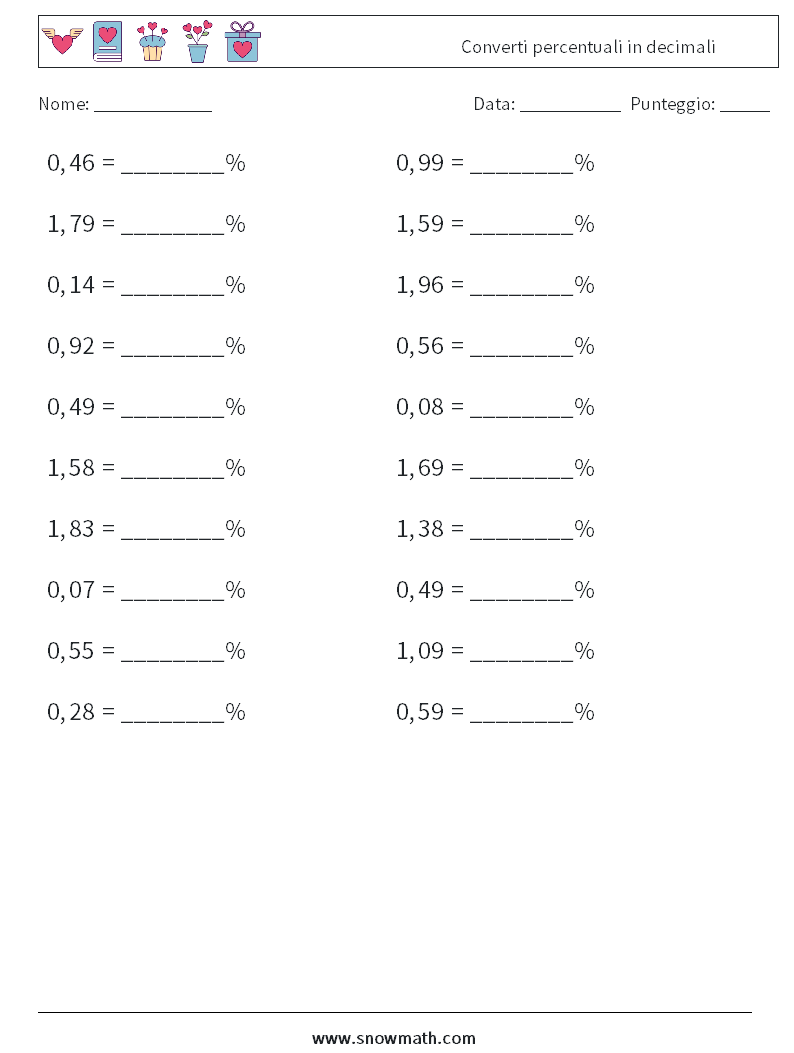 Converti percentuali in decimali Fogli di lavoro di matematica 3