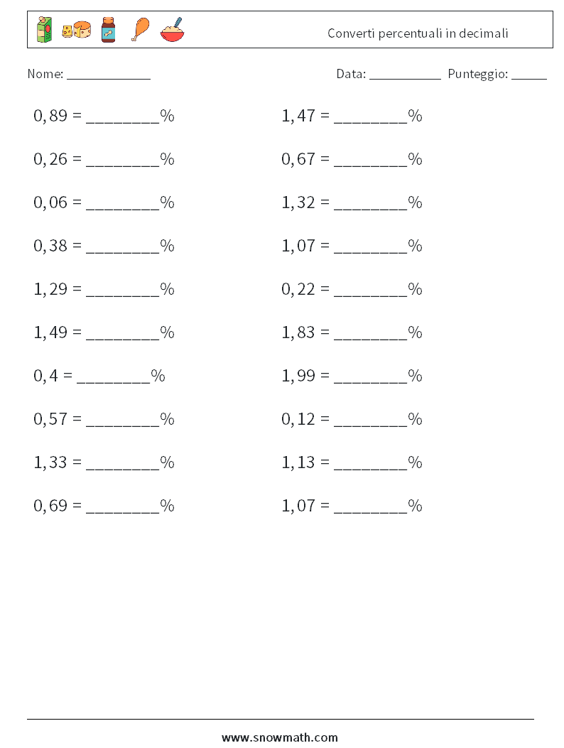 Converti percentuali in decimali Fogli di lavoro di matematica 4