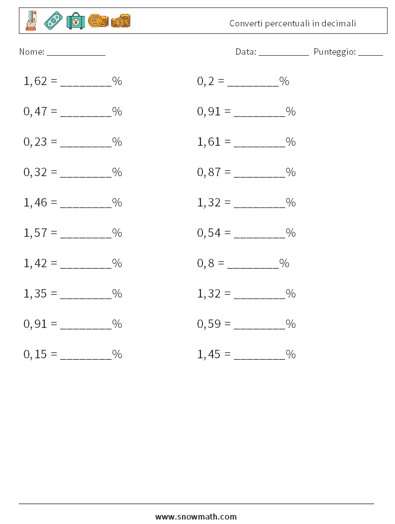 Converti percentuali in decimali Fogli di lavoro di matematica 6