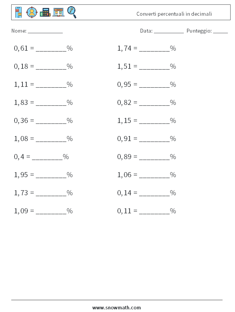 Converti percentuali in decimali Fogli di lavoro di matematica 7