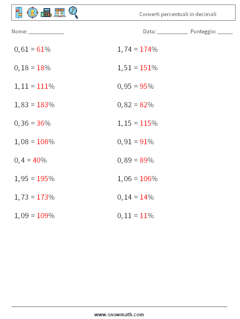 Converti percentuali in decimali Fogli di lavoro di matematica 7 Domanda, Risposta