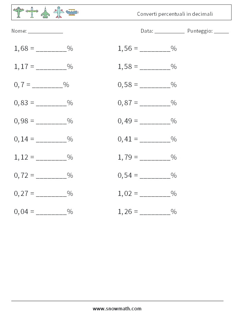 Converti percentuali in decimali Fogli di lavoro di matematica 8