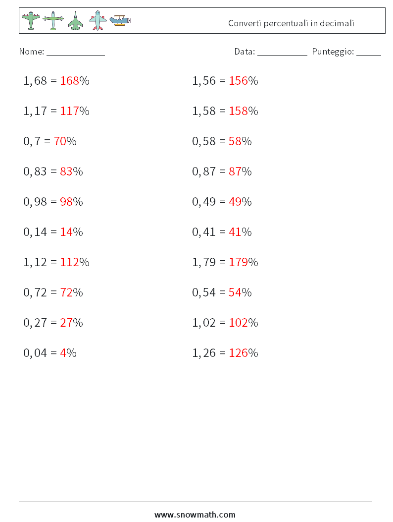 Converti percentuali in decimali Fogli di lavoro di matematica 8 Domanda, Risposta