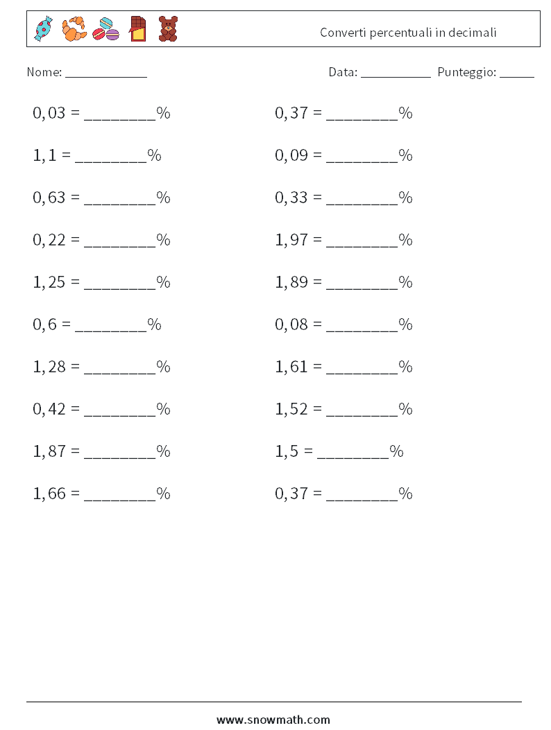 Converti percentuali in decimali Fogli di lavoro di matematica 9