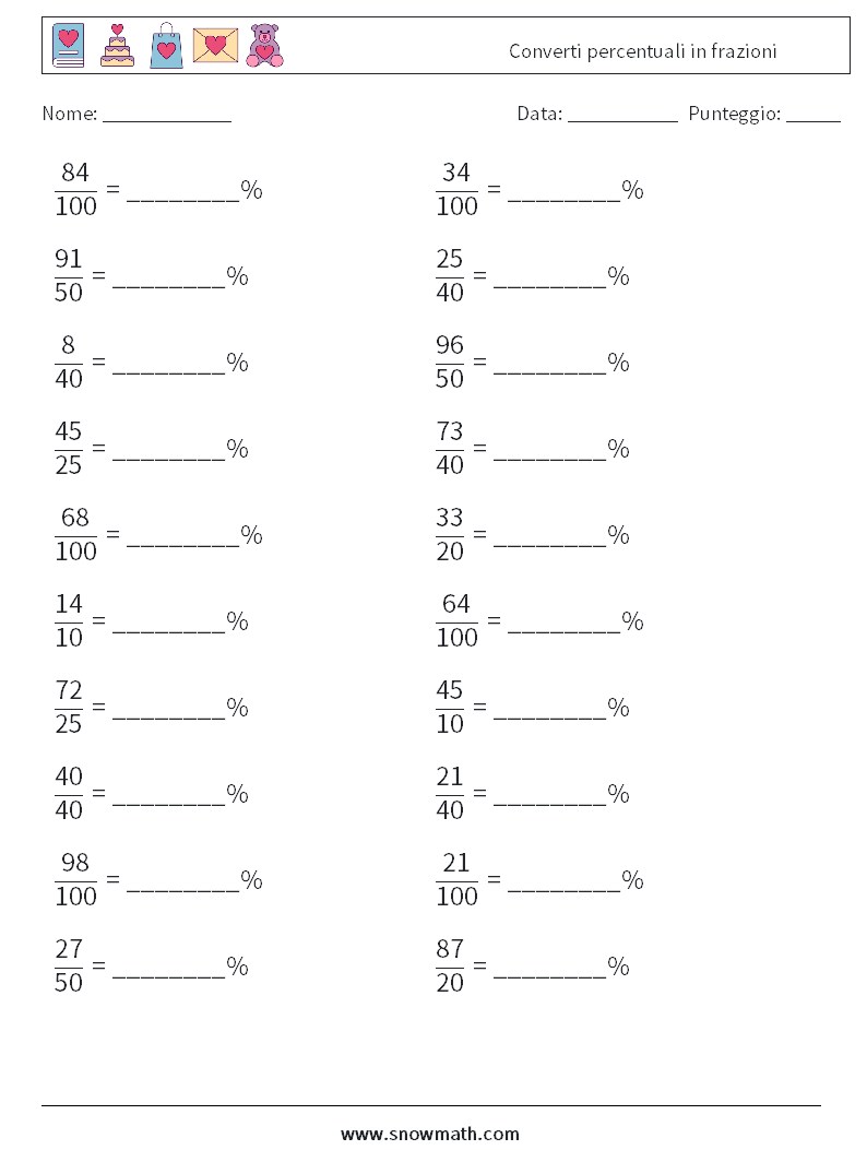 Converti percentuali in frazioni Fogli di lavoro di matematica 2