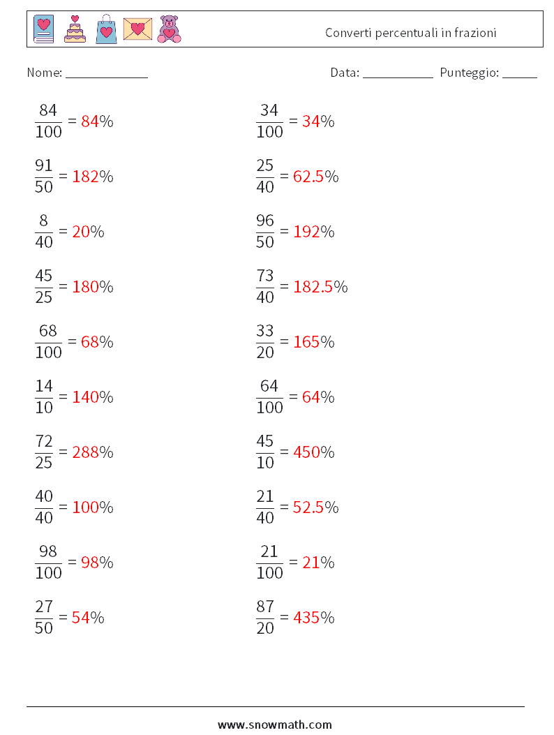 Converti percentuali in frazioni Fogli di lavoro di matematica 2 Domanda, Risposta