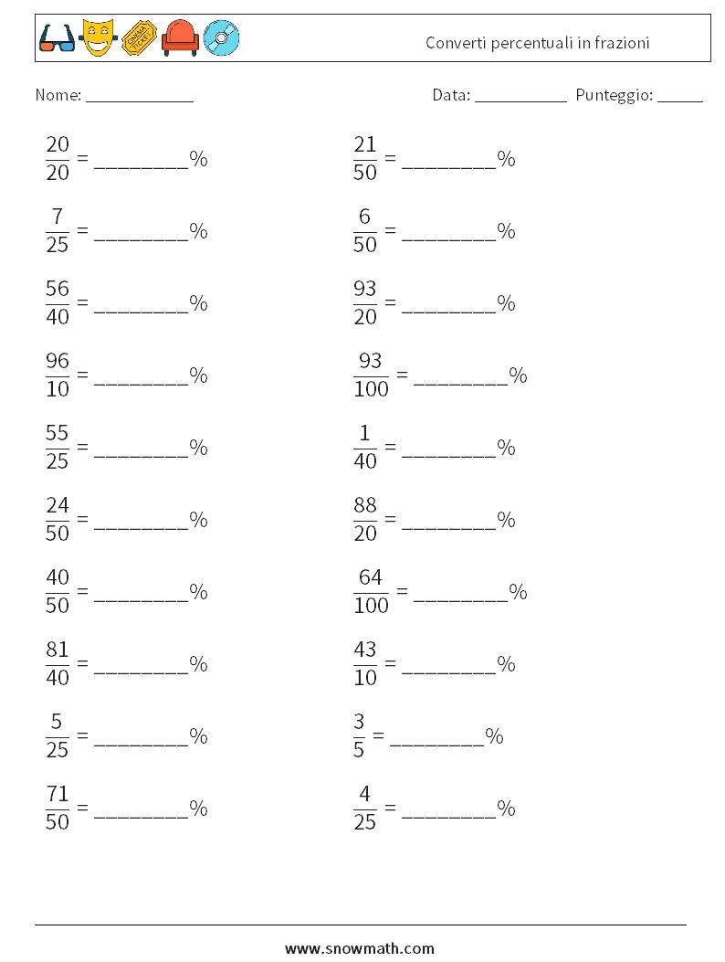 Converti percentuali in frazioni Fogli di lavoro di matematica 3