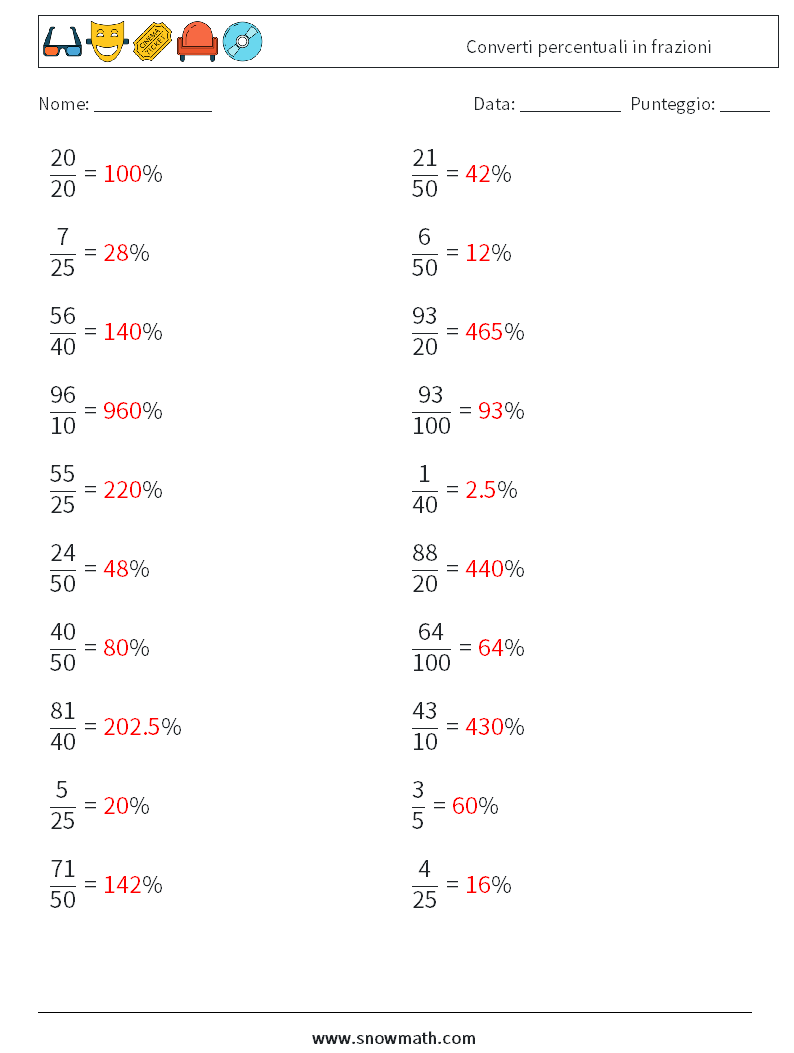 Converti percentuali in frazioni Fogli di lavoro di matematica 3 Domanda, Risposta