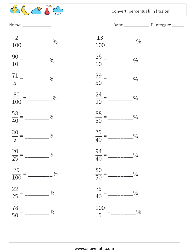 Converti percentuali in frazioni Fogli di lavoro di matematica 4