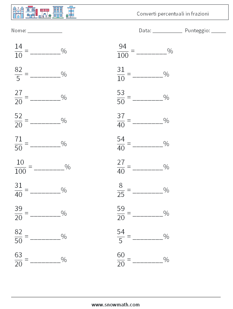 Converti percentuali in frazioni Fogli di lavoro di matematica 5