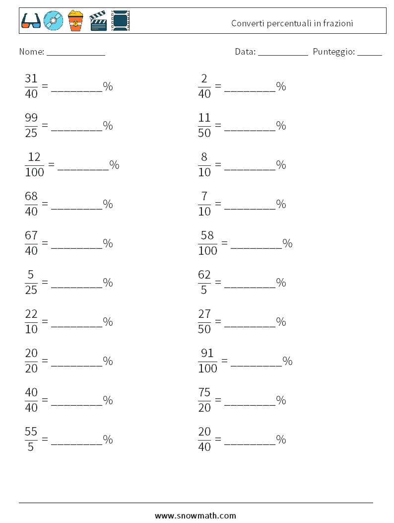 Converti percentuali in frazioni Fogli di lavoro di matematica 6