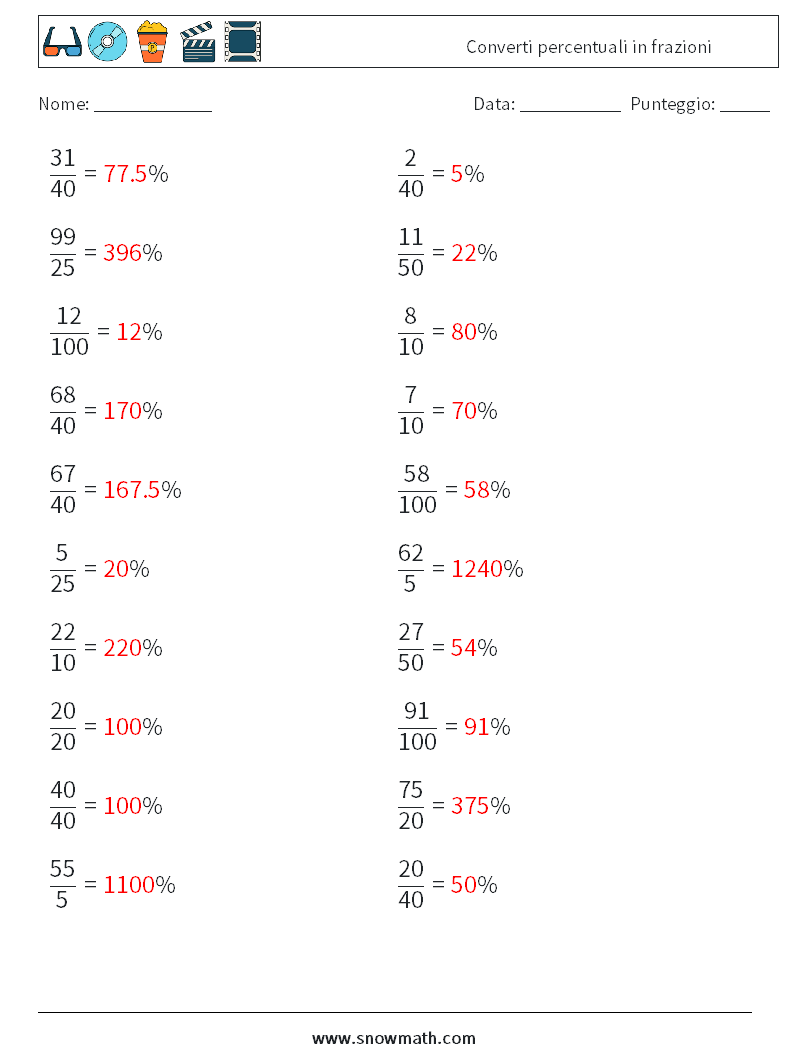 Converti percentuali in frazioni Fogli di lavoro di matematica 6 Domanda, Risposta