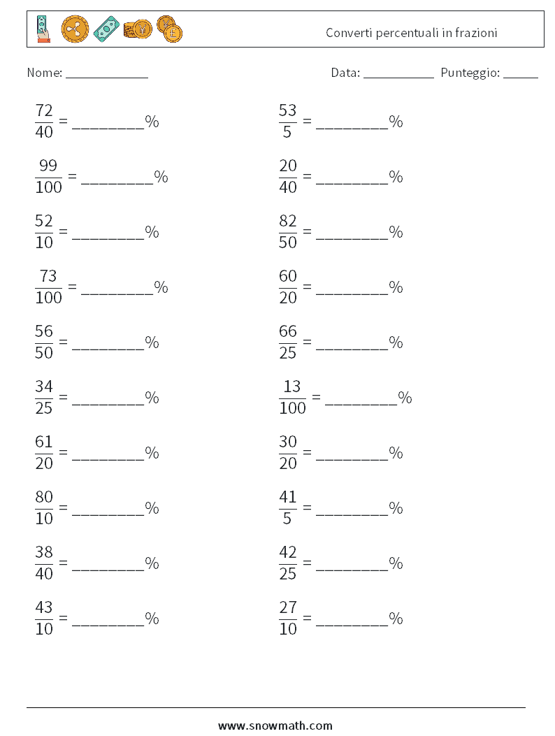 Converti percentuali in frazioni Fogli di lavoro di matematica 7