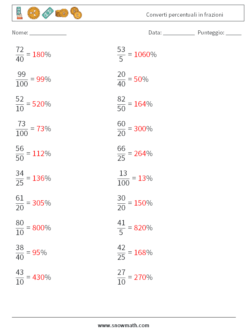 Converti percentuali in frazioni Fogli di lavoro di matematica 7 Domanda, Risposta