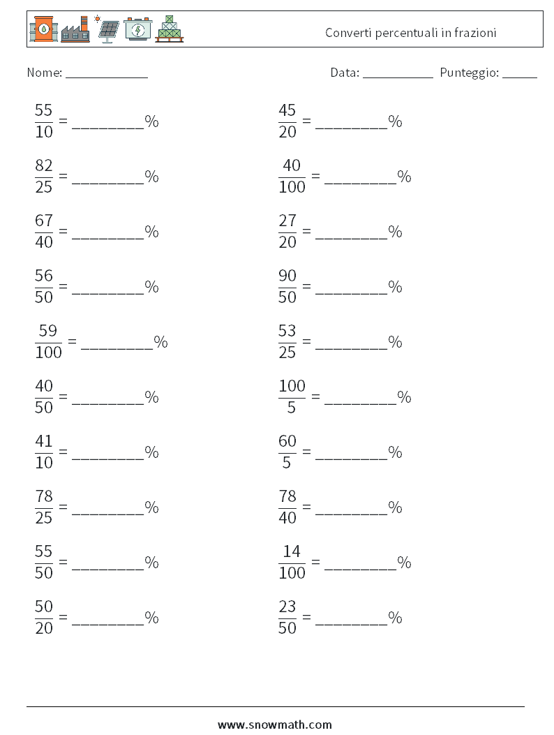 Converti percentuali in frazioni Fogli di lavoro di matematica 8