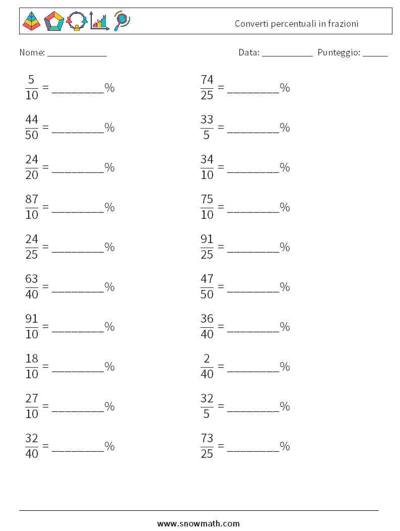 Converti percentuali in frazioni Fogli di lavoro di matematica 9