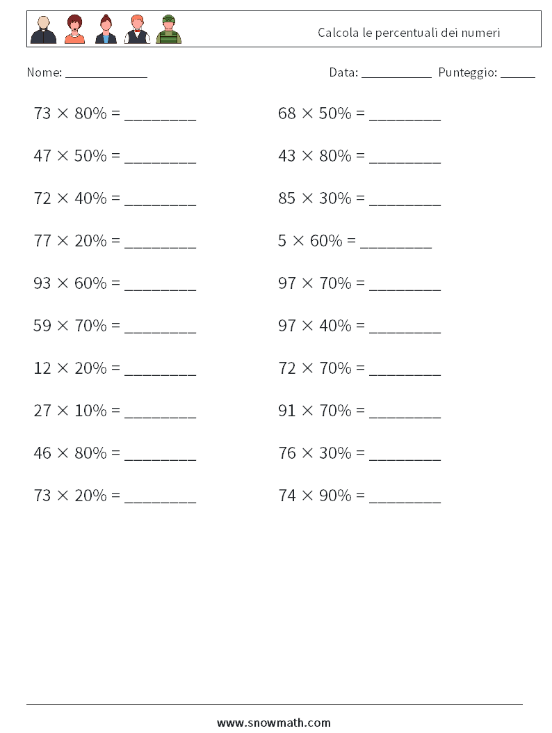 Calcola le percentuali dei numeri Fogli di lavoro di matematica 2