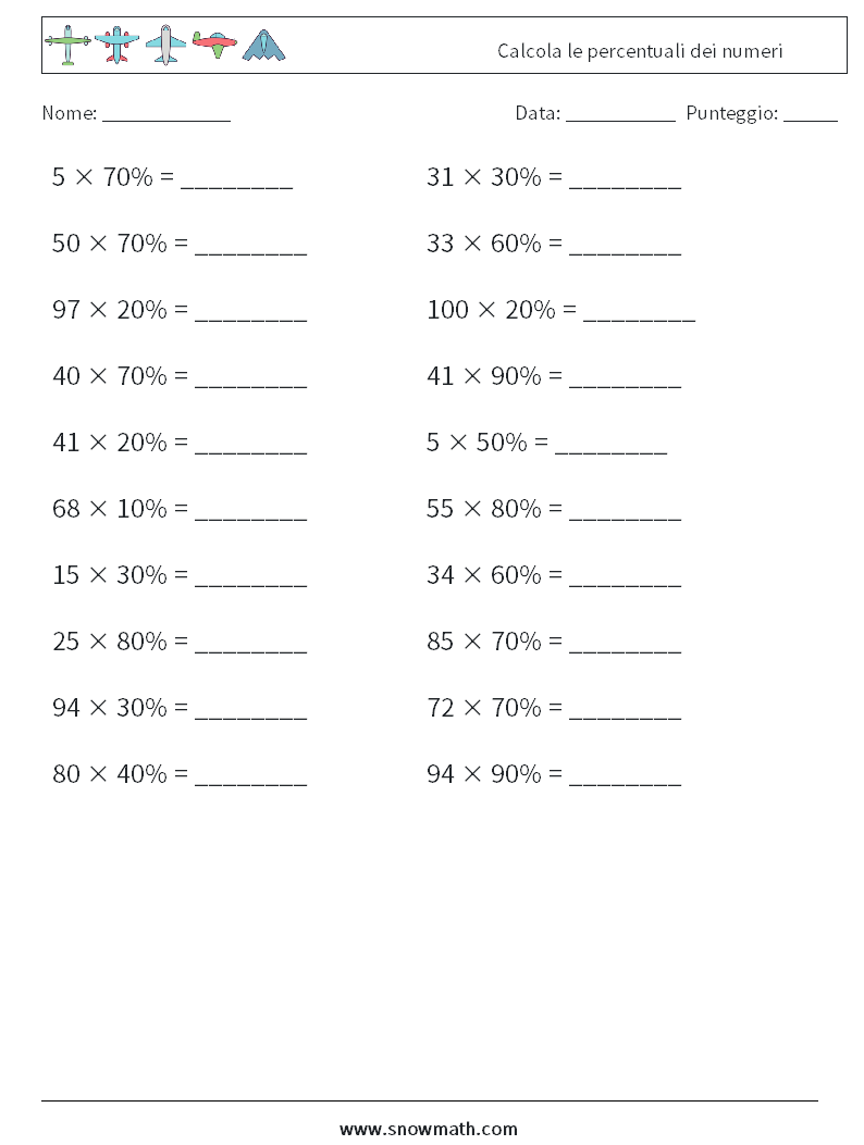 Calcola le percentuali dei numeri Fogli di lavoro di matematica 4