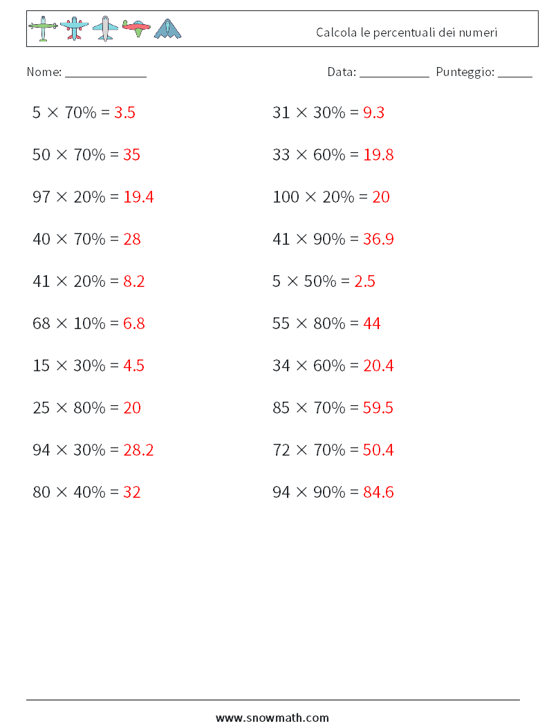 Calcola le percentuali dei numeri Fogli di lavoro di matematica 4 Domanda, Risposta