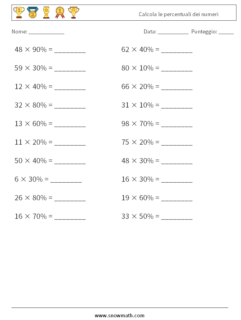 Calcola le percentuali dei numeri Fogli di lavoro di matematica 5