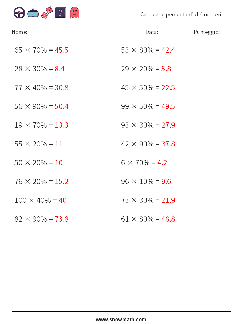 Calcola le percentuali dei numeri Fogli di lavoro di matematica 7 Domanda, Risposta