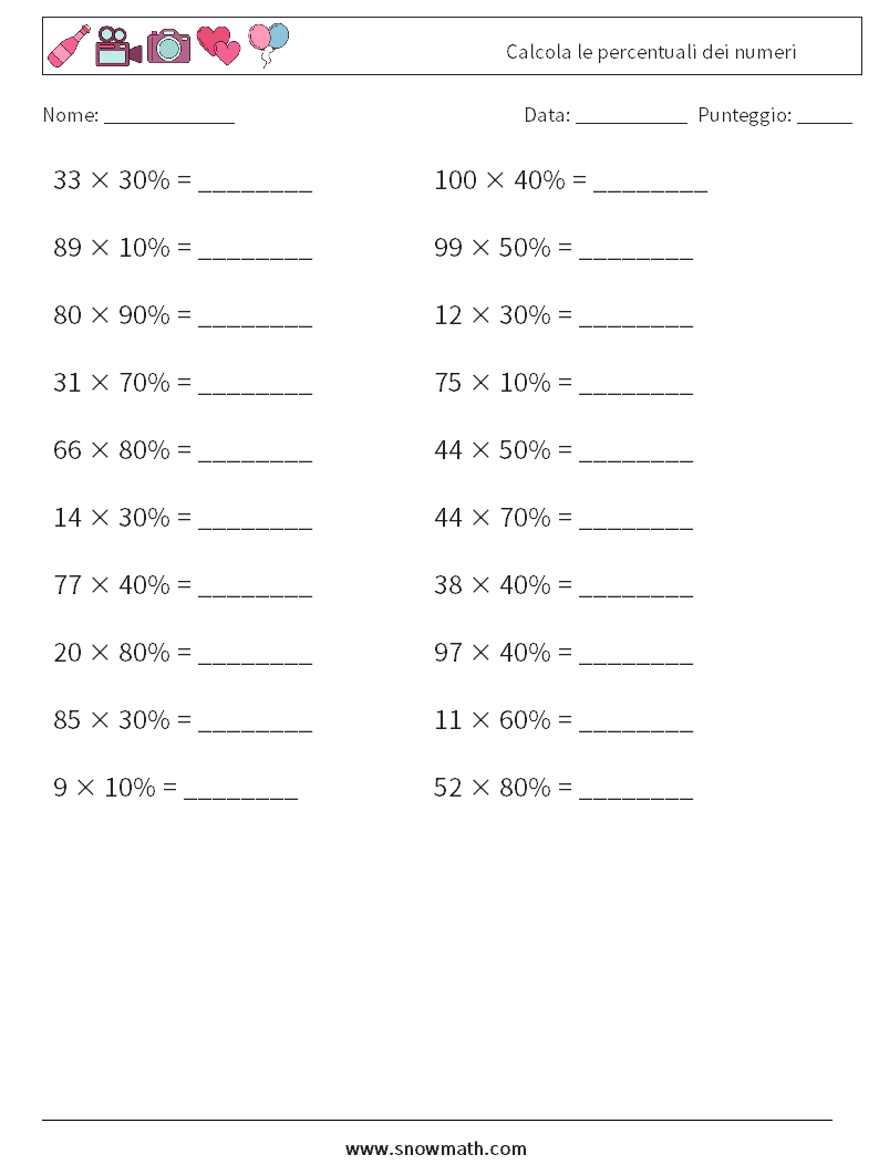 Calcola le percentuali dei numeri Fogli di lavoro di matematica 8