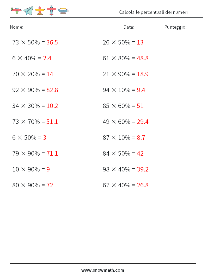 Calcola le percentuali dei numeri Fogli di lavoro di matematica 9 Domanda, Risposta