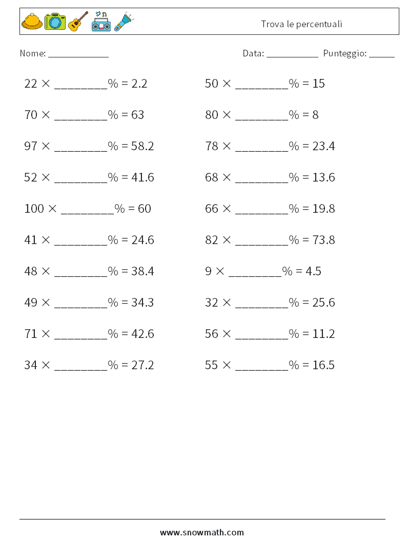 Trova le percentuali Fogli di lavoro di matematica 8