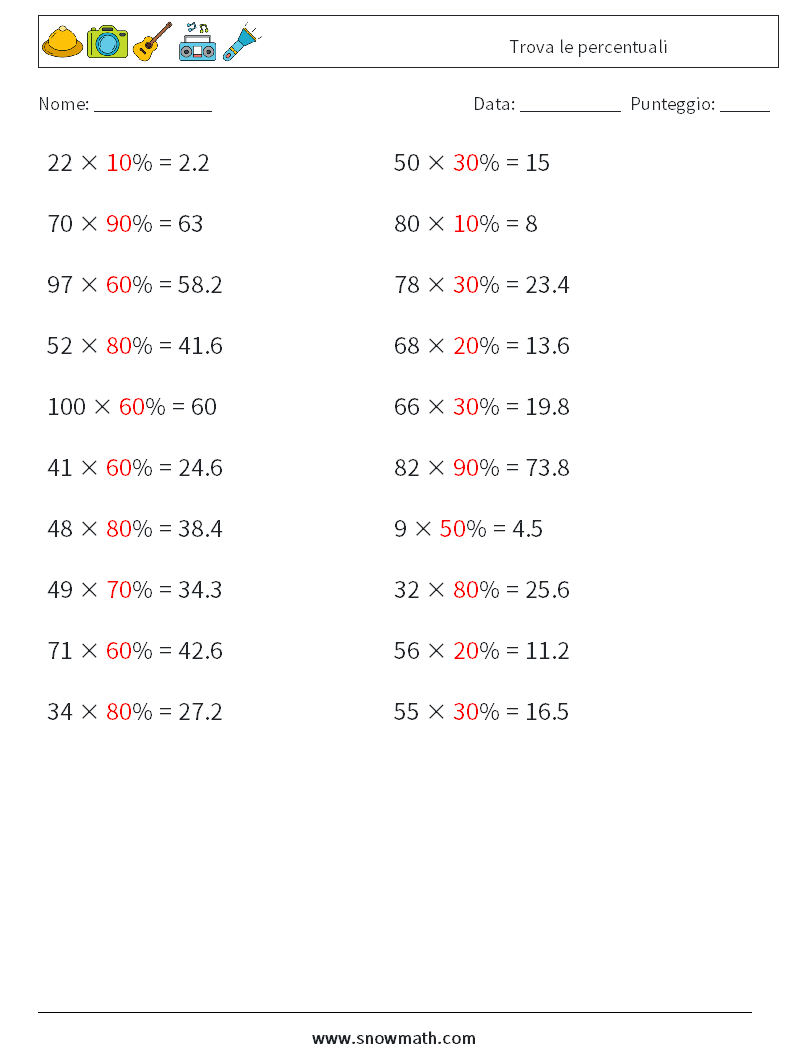 Trova le percentuali Fogli di lavoro di matematica 8 Domanda, Risposta