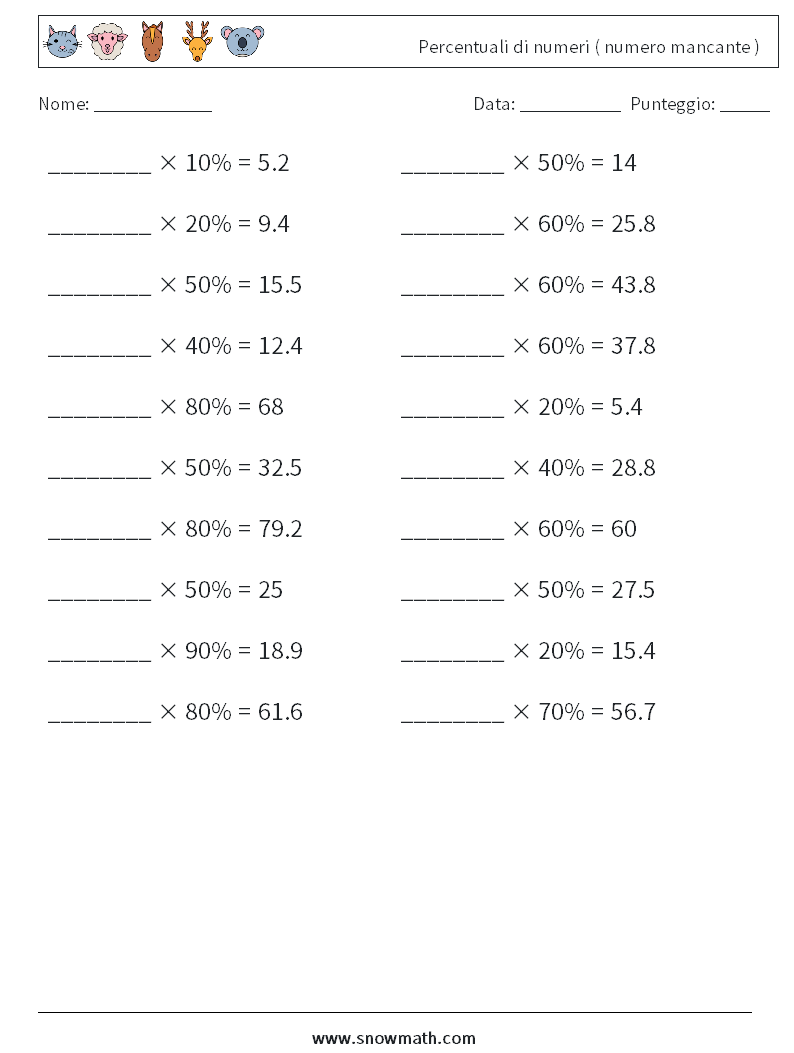 Percentuali di numeri ( numero mancante ) Fogli di lavoro di matematica 3