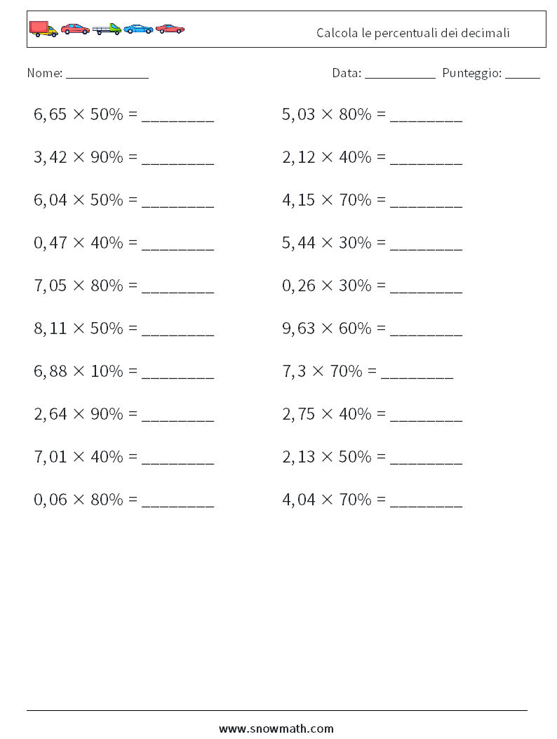 Calcola le percentuali dei decimali Fogli di lavoro di matematica 1