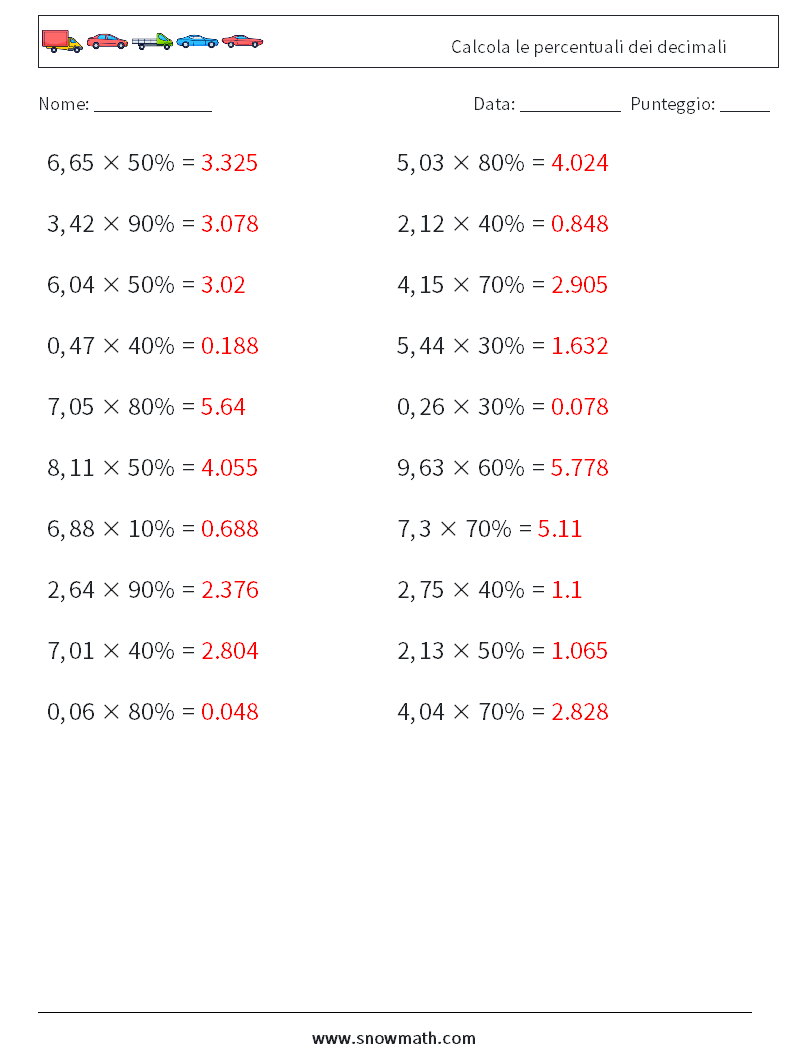 Calcola le percentuali dei decimali Fogli di lavoro di matematica 1 Domanda, Risposta