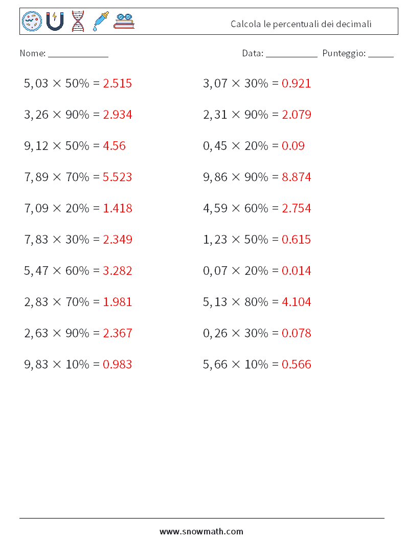 Calcola le percentuali dei decimali Fogli di lavoro di matematica 2 Domanda, Risposta