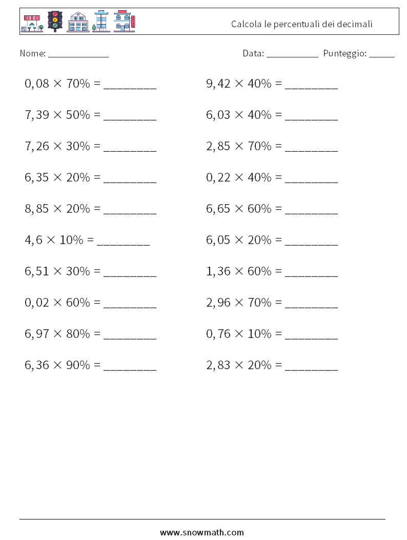 Calcola le percentuali dei decimali Fogli di lavoro di matematica 3