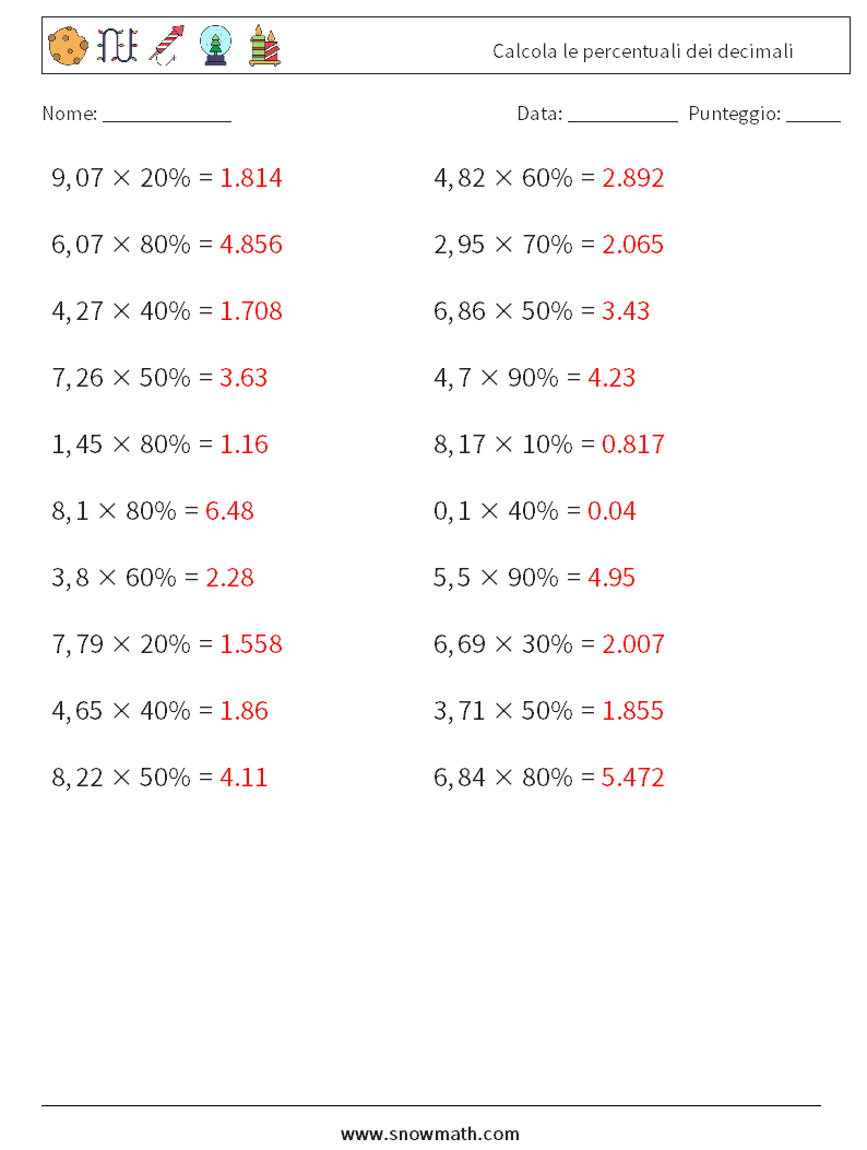 Calcola le percentuali dei decimali Fogli di lavoro di matematica 4 Domanda, Risposta